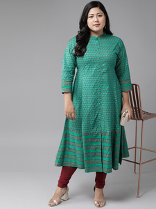 Kurta Anarkali en coton vert à motifs floraux, grande taille, col mandarin, manches trois quarts, confortable pour le quotidien, vente en gros - Product Image 5