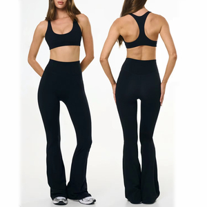 High Waisted <b>Flared</b> Yoga <b>Leggings</b> 2-Piece Workout Set Breathable Stretch Spandex Solid Logo Waist Sports Bra Full-Length Pants - Product Image 1