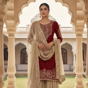 DESIGNER GEORGETTE REAL <b>MIRROR</b> CODING SEQUENCE EMBROIDERY WORK TOP SHARARA DUPATTA MAROON MODERN HIGH QUALITY CASUAL OUTDOOR - Product Image 1