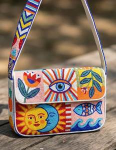 Sac à bandoulière artisanal rétro abstrait perlé, motif coloré, sac à main artistique affirmé - Product Image 3