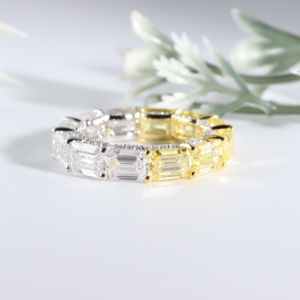 Emerald Cut Yellow and White Eternity Two Tone Half Canary Lab Grown Diamond Gold Wedding Bands Women Multi Stone <b>Fine</b> Gift <b>Ring</b> - Product Image 1