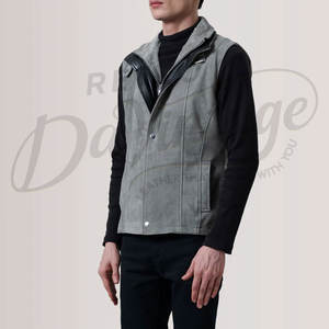 Chaleco de Cuero de Gamuza Gris Personalizado para Hombre, Cierre de Cremallera Doble, Corte Ajustado, Cuello Alto, Estilo Casual - Product Image 5