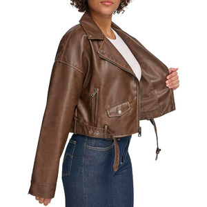 Chaqueta de Motociclista para Mujer, de Cuero Genuino Marrón, con Cierre, Forro de Sherpa con Detalles de Piel, Ligera, Cortavientos, para Invierno - Product Image 1