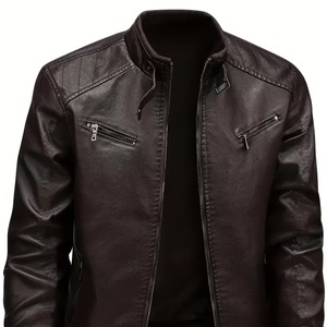 แจ็คเก็ตหนังผู้ชายสีน้ำตาลสุดเท่ห์ ดีไซน์ใหม่ คอตั้ง ปรับแต่งได้เต็มที่ หนังวัวแท้ 100% ปิดซิป ย้อมสีพื้น - Product Image 1