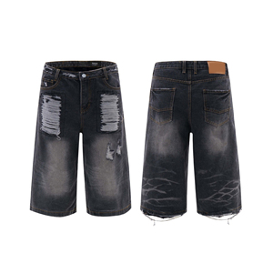 Shorts en jean déchirés et délavés pour homme, taille mi-haute, coupe droite, style décontracté d'été, en coton noir - Product Image 5