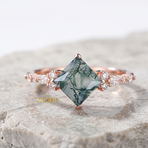 Anillo de Compromiso de Plata de Ley 925 con Ágata Musgosa Corte Princesa y Detalles de Diamantes, Anillo de Promesa de Ágata Musgosa Inspirado en la Naturaleza, Único B - Product Image 3