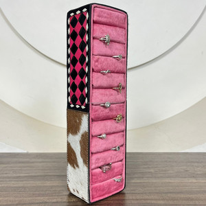 Western Hand <b>Tooled</b> Cow <b>Leather</b> Ring Box Display Pink Velvet Multi-Slot Organizer Stand Checkerboard Jewelry Holder for Boutique - Product Image 4
