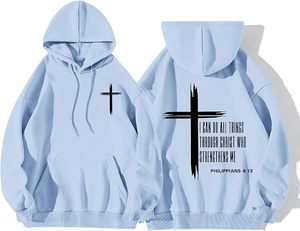 Sweat-shirt à capuche bleu clair pour homme avec imprimé croix et verset des Philippiens, coupe classique, style décontracté - Product Image 1