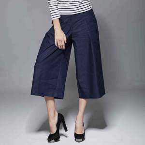 ODM Transpirable Flat Front Mid Waist Loose Fit Pantalones de Primavera de pierna ancha hasta la pantorrilla para damas - Product Image 6