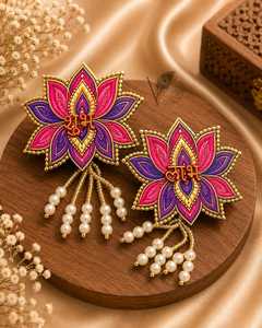 Decoración de Pared de Lujo Hecha a Mano con Loto Shubh Labh, Adorno Floral Rosa y Morado para Puerta, Colgante Auspicioso con Cuentas de Perlas para Entrada - Product Image 3
