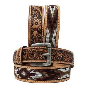 Premium <b>Vintage</b> Western Genuine Leather Pin Buckle <b>Belt</b> with Geometric Tooling Beaded Inlay Handcrafted Cowboy Style - Product Image 2