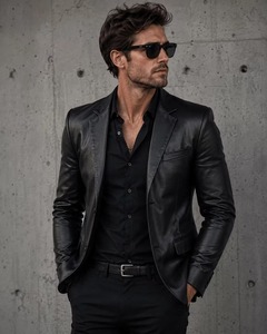 Blazer en cuir noir pour homme, veste en cuir d'agneau véritable - Product Image 1