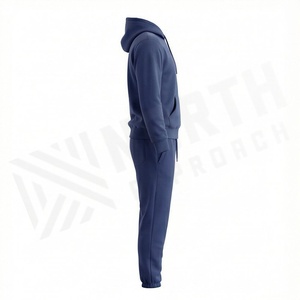 Survêtement à capuche bleu marine pour homme, manches longues, couleur unie, tenue décontractée avec cordon de serrage et poches latérales - Product Image 3