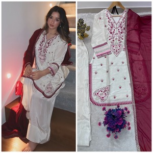 Salwar Kameez en soie blanche brodé avec dupatta rouge, robe de mariage traditionnelle indienne pakistanaise pour femmes, longueur au sol, boutique - Product Image 5
