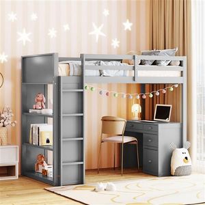 Letto a soppalco moderno per bambini, con scaletta, mensole e scrivania, in legno massello grigio, stile semplice, con funzioni di archiviazione, per camerette dei più piccoli - Product Image 1