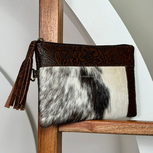 Portefeuille pour femme en cuir de vachette embossé avec poignée et pompon, qualité supérieure, fait main, motif floral, style western - Product Image 5