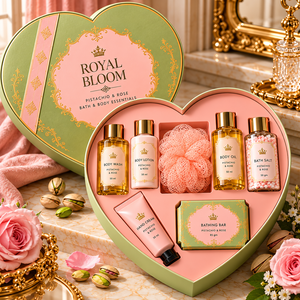 Ensemble Essentiel Bain & Corps OEM/ODM 7-en-1 – Coffret Cadeau Pistache & Rose – Parfum et Design d'Emballage Personnalisables – Lait Lavant, Sel, Huile - Product Image 6