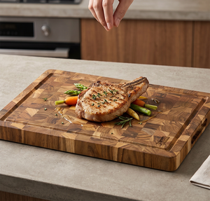 Planche à découper rectangulaire en bois d'acacia Ha Le, double face, avec poignée, pour la cuisine, utilisation alimentaire, finition naturelle, blocs de service pour pain en teck - Product Image 4