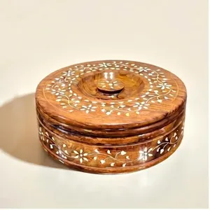 Trending Mango Wood Stock <b>Pot</b> With Lid Traditional Floral Inlay Design Sustainable Handcrafted Round Container - Product Image 4