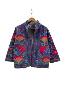 Chaqueta de terciopelo azul estilo vintage para mujer, bordada con flores, manga larga, cuello alto, estilo étnico bohemio, cálida para invierno, informal, al por mayor - Product Image 2