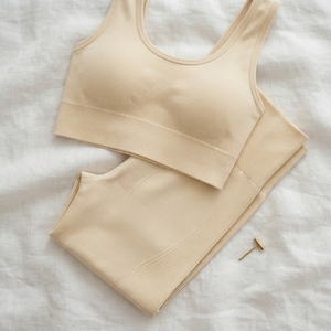Women Cream Ribbed Yoga Set High Waist <b>Leggings</b> <b>Crop</b> Tank Top Gym Fitness Workout Activewear Two Piece Set - Product Image 6