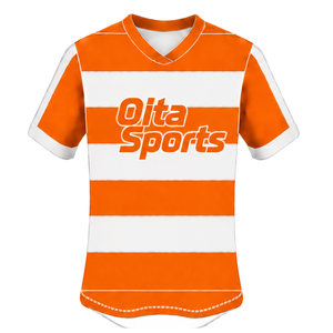 Ensemble uniforme de rugby blanc et orange vif à manches courtes, maillot de rugby rayé à col ras du cou, short à cordon de serrage, performance athlétique pour équipe - Product Image 3