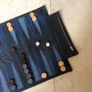 AQDAS INDUSTRIES Foldable <b>Backgammon</b> Set Navy Blue Leather Roll-Up Game <b>Board</b> with Wooden Checkers Dice Unisex Outdoor Party Use - Product Image 4