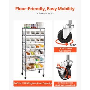 Scaffale Portaoggetti a 7 Ripiani con 24 Contenitori Piccoli, Sistema di Scaffalature in Filo d'Acciaio, Organizzatore Mobile per Attrezzi con Ruote - Product Image 5