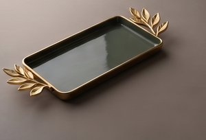 Premium Enamel Makeup <b>Vanity</b> <b>Tray</b> Decorative Perfume Organizer Gold Leaf Handle Rectangular Serving <b>Tray</b> For Home Kitchen Decor - Product Image 3