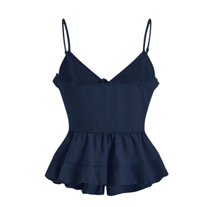 Débardeur ajusté pour femme, uni, tissé, respirant, à volants, à bretelles spaghetti, avec nœud sur le devant et basque, sans manches, pour le quotidien et la mode estivale - Product Image 2