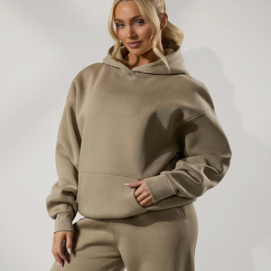 Conjunto de sudadera con capucha y pantalones deportivos de forro polar extragrande para mujer, conjunto informal de 2 piezas, sudadera y pantalones deportivos a juego, color beige - Product Image 3