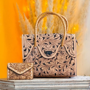 2026 New Fashionable Hand Tooled Florals Carved 100% Genuine Leather <b>Tote</b> Purse Handbag Wholesale <b>Zip</b> Closure <b>Tote</b> Bag For Women - Product Image 4