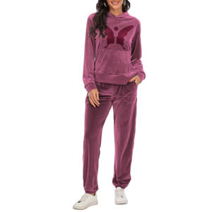 Ensemble de survêtement en velours rose pour femmes, 2 pièces, avec logo brodé personnalisé en strass, pantalon et sweat à capuche en velours - Product Image 2