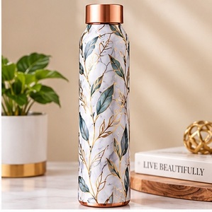 Black <b>Copper</b> <b>Water</b> <b>Bottle</b> With Gold Feather Design Portable Travel Use - Product Image 2