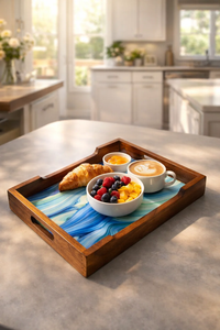 Luxury Wooden Resin Serving Tray Blue Ocean <b>Epoxy</b> Inlay Rectangular Breakfast Tray Premium Solid Wood Coffee <b>Table</b> Decorative - Product Image 3