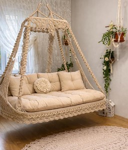Boho <b>Macrame</b> Double Swing Chair | Beige Handmade Hanging Swing | Garden & Veranda Swing with Cushions - Product Image 1