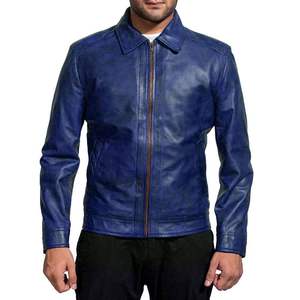 Chaqueta de cuero genuino azul para hombre, estilo nuevo, para invierno, con cuello vuelto, cierre de cremallera, estilo casual, para otoño. - Product Image 1