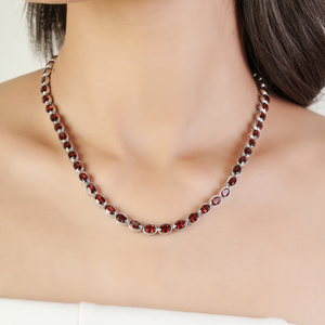 Magnifique collier tennis pour femme en argent sterling 925 avec pierre précieuse authentique grenat taille ovale, pierre de naissance de janvier, design élégant - Product Image 2