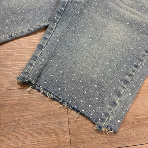 Shorts en jean double taille personnalisés style streetwear, déchirés, délavés à l'acide, vintage, avec strass, effet soleil, pour hommes - Product Image 6