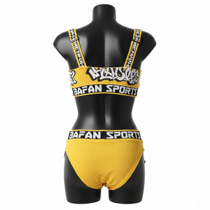 ชุดบิกินี่ผ้าโพลีเอสเตอร์ผสมสแปนเด็กซ์เนื้อนุ่มยืดหยุ่น 190 GSM สีเหลือง แต่งลายริบบิ้น พร้อมโลโก้ปัก ซิปด้านข้าง สำหรับผู้หญิง - Product Image 4