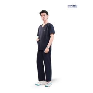 Conjunto de Uniforme Médico para Hombre, Color Azul Marino, Cuello en V, Manga Corta, Pantalones de Algodón y Poliéster Incluidos - Product Image 1