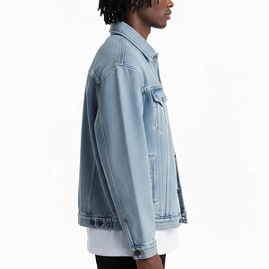 Men's Casual Light Blue Denim Jacket Turn-Down Collar Zipper Closure Oversized Fit Front Logo Placement <b>Washed</b> Cotton Material - Product Image 2