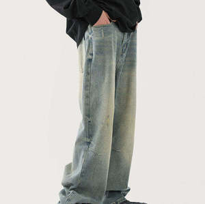 Jean large pour homme en denim délavé, coupe décontractée taille haute, style streetwear, en coton tissé pour l'automne - Product Image 5