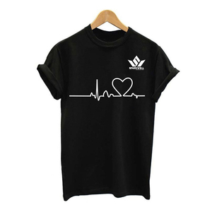 Camiseta Unisex Negra con Estampado de Latido de Corazón, Cuello Redondo, Manga Corta, Algodón Jersey, Corte Regular, Informal, para Toda Temporada - Product Image 1