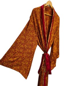 Festival Soft Ankle Length Silk Robe Multi Color Robe Night Wear Robe Indian Vintage Recycled Silk Sari <b>Kimono</b>, - Product Image 6
