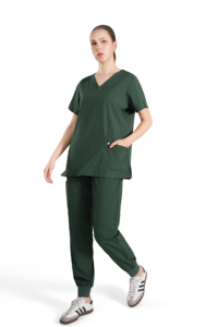 Women's Green Scrub Set V-Neck <b>Top</b> With Pockets And Jogger Pants Hospital Uniforms Woven Fabric Cotton Polyester - Product Image 2