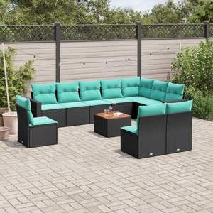 Conjunto de Sofás de Patio de Ratán Sintético Negro con Cojines, 11 Piezas, Muebles de Jardín para Exteriores, Diseño Contemporáneo - Product Image 1