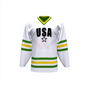 เสื้อฮอกกี้น้ำแข็งสีขาวสำหรับผู้ชายของสหรัฐอเมริกา คอวี แขนยาว พิมพ์ลายโลโก้ด้านหน้า แห้งเร็ว ลายทางสีเขียว/เหลือง ชุดกีฬา - Product Image 1