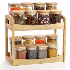 Eco Friendly 2 Tier Bamboo <b>Spice</b> <b>Rack</b> Organizer with Glass Jars Wooden <b>Kitchen</b> Countertop Seasoning Storage Shelf Holder - Product Image 1