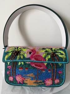 Beaded Flamingo Paradise Handbag Women's Bohemian Beach Bag Single <b>Strap</b> Landscape Pattern Flap Closure - Product Image 1